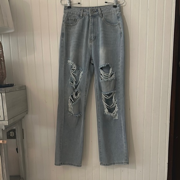 SHEIN Wide Leg Distressed Light Blue Jeans sz Small Petite - Picture 3 of 10